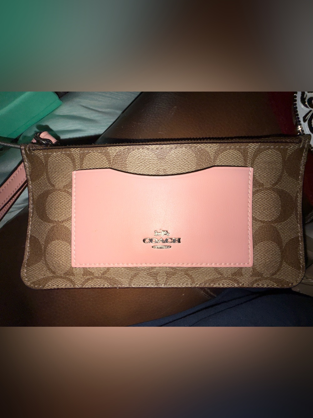 Coach F37565 Signature Canvas Pink Leather Zip Wristlet Wallet